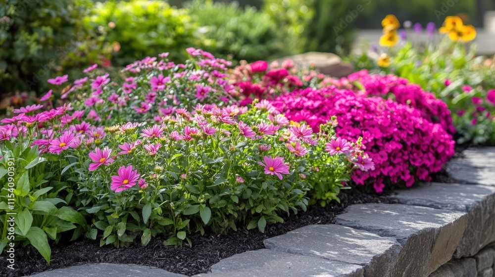 Fototapeta premium Colorful pink aster flowers blooming in a well-maintained flowerbed with vibrant landscaping and greenery in the background