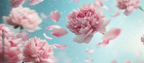 Peony flowers with flying petals on a soft blue backdrop showcasing motion blur and delicate beauty in floral arrangements photo