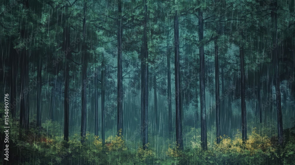 Pine tree forest drenched in rain during a serene fall day with lush greenery and atmospheric mist creating a tranquil landscape scene Pine tree forest drenched in rain during a serene fall day with lush greenery and atmospheric mist creating a tranquil landscape scene