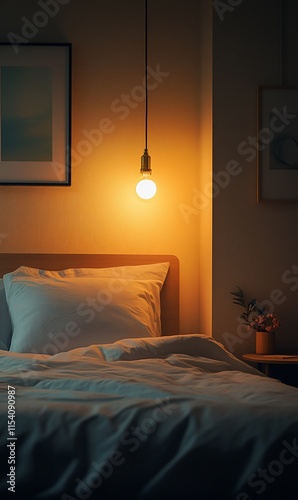 Warm bedroom lighting, cozy bed, night ambiance.