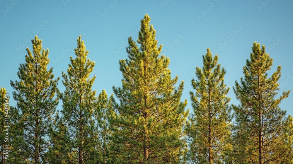 Pine trees basking in golden morning light against a clear blue sky creating a serene and tranquil natural landscape. Pine trees basking in golden morning light against a clear blue sky creating a serene and tranquil natural landscape.