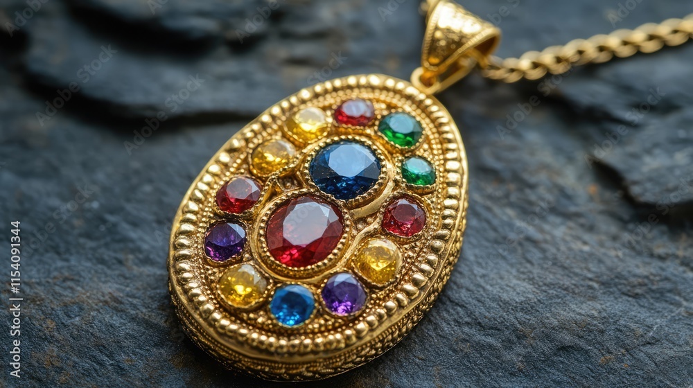 Elegant oval gold pendant adorned with vibrant gemstones showcasing intricate craftsmanship and timeless beauty. Elegant oval gold pendant adorned with vibrant gemstones showcasing intricate craftsmanship and timeless beauty.