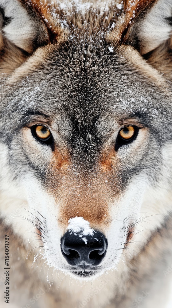 A close-up of a wolf's face with snow, showcasing its intense gaze and natural beauty.
