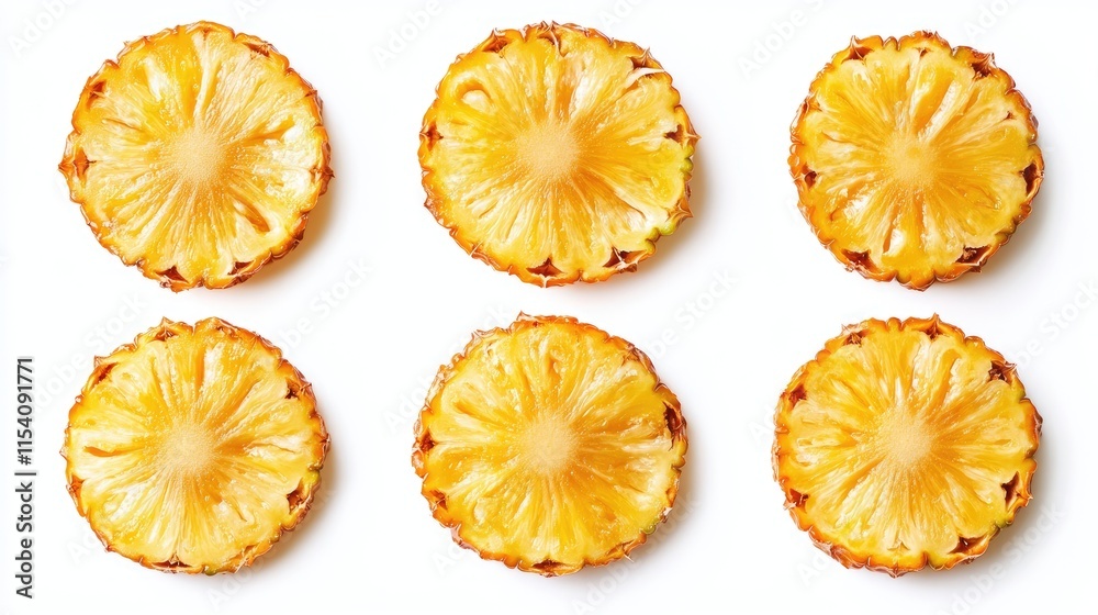 Fresh pineapple slices arranged neatly on a white background highlighting vibrant colors and textures for culinary or design use. Fresh pineapple slices arranged neatly on a white background highlighting vibrant colors and textures for culinary or design use.