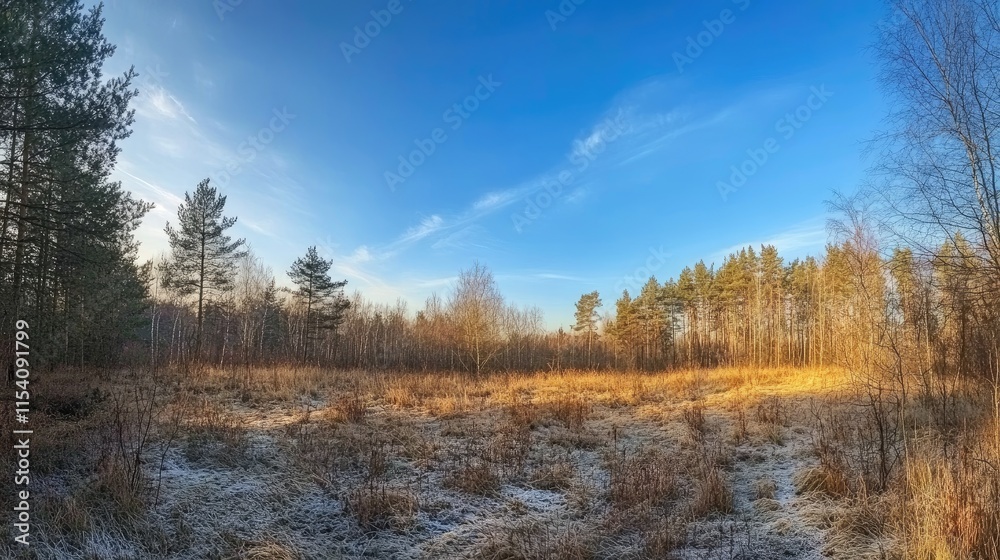 Mixed winter forest landscape with pine spruce and birch under blue sky featuring sunlight and natural flora of Eastern Europe Mixed winter forest landscape with pine spruce and birch under blue sky featuring sunlight and natural flora of Eastern Europe