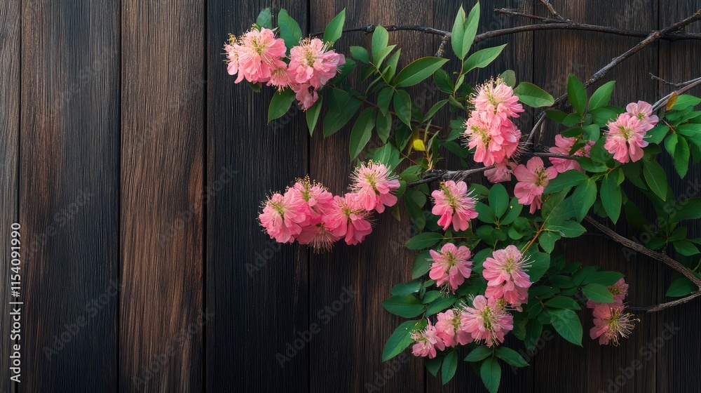 Pink acacia branches with vibrant blossoms on a rustic wooden background emphasizing nature's beauty and tranquility. Pink acacia branches with vibrant blossoms on a rustic wooden background emphasizing nature's beauty and tranquility.