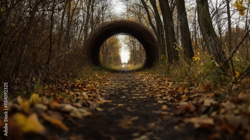 Long winding path through autumn trees leading to a distant dome shaped structure with a captivating pinhole perspective.