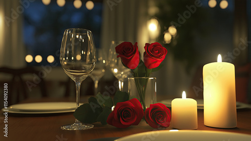 GeneRomantic candlelight dinner for two with an elegant table setting, featuring red roses, wine glasses, and cozy warm lighting, perfect for Valentine's Day, anniversaries, and romantic cerated image photo