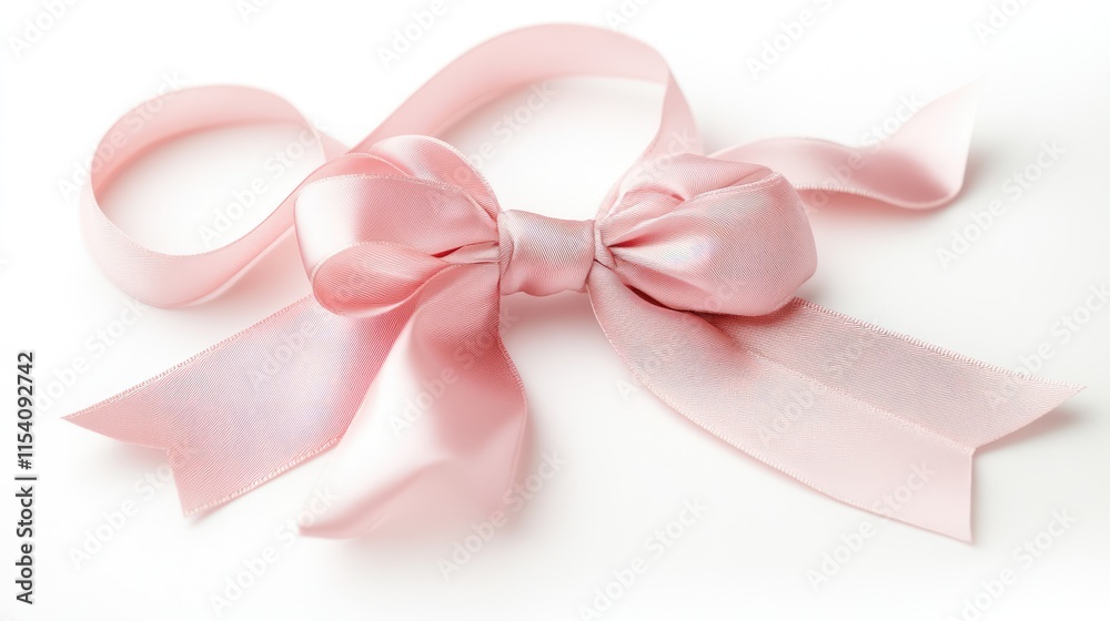 Elegant pink satin bow with flowing ribbons isolated on a clean white background for festive decorations and gift wrapping concepts. Elegant pink satin bow with flowing ribbons isolated on a clean white background for festive decorations and gift wrapping concepts.