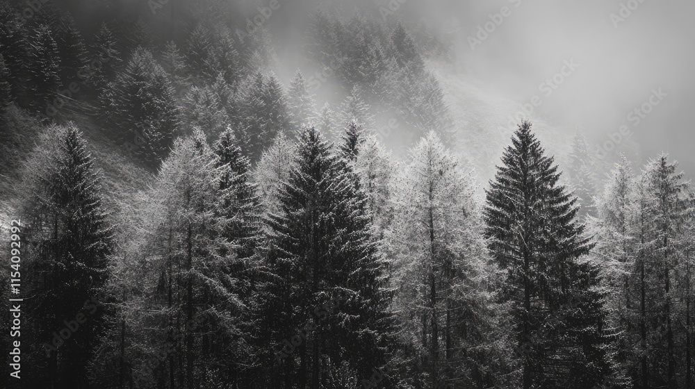 Serene black and white landscape of pine trees in a misty forest creating a tranquil and atmospheric nature scene. Serene black and white landscape of pine trees in a misty forest creating a tranquil and atmospheric nature scene.