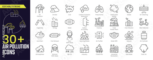 Air Pollution Stroke icon collections. Containing CO2, mask, air filter, PM 2.5, air purifier, car exhaust, indoor air quality, smog and more. Editable Stroke icon collection Outline icon