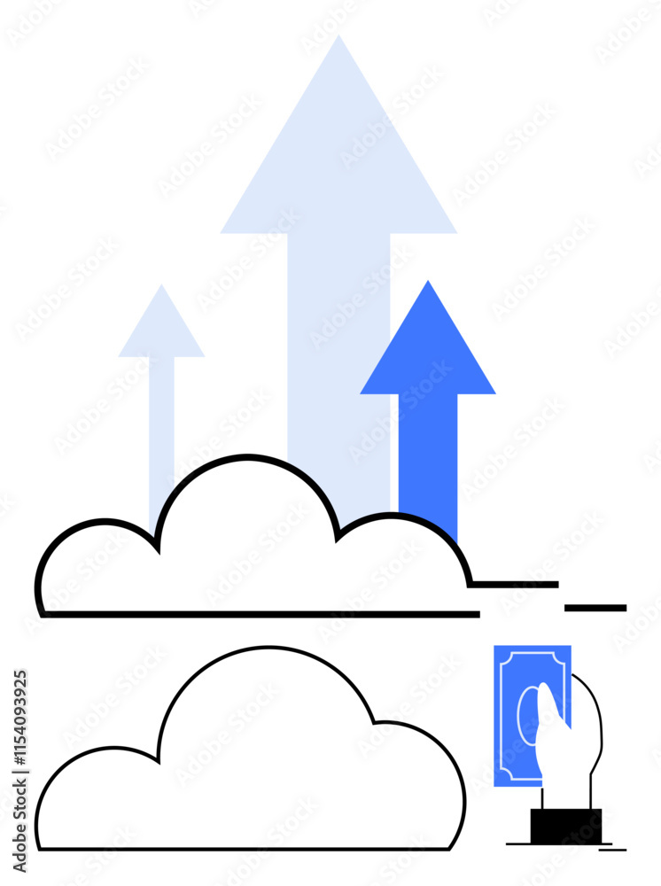 Hand inserting money into cloud, three upward arrows, blue and gray tones representing financial growth. Ideal for investment, economy, business growth, tech finance, cloud computing, financial apps Hand inserting money into cloud, three upward arrows, blue and gray tones representing financial growth. Ideal for investment, economy, business growth, tech finance, cloud computing, financial apps