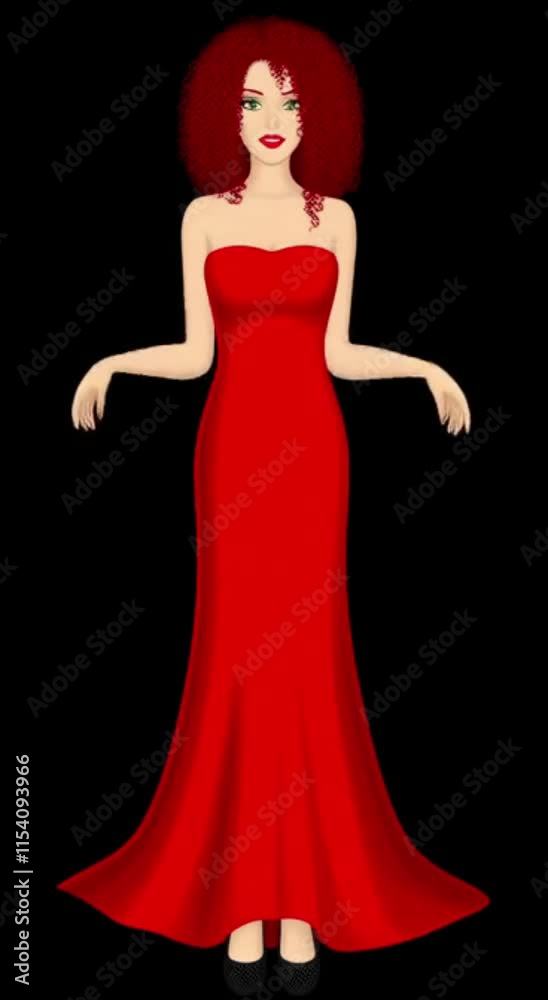 A minimalistic animation of a woman with curly red hair in a vibrant red gown, set against a simple black background, highlighting fashion and elegance. A minimalistic animation of a woman with curly red hair in a vibrant red gown, set against a simple black background, highlighting fashion and elegance.