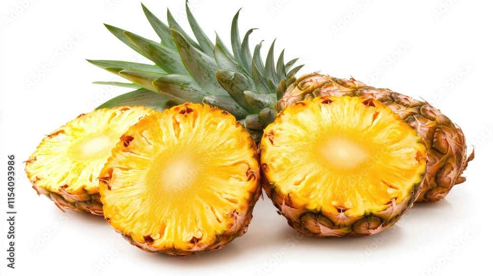 Fresh ripe pineapples whole and sliced showcasing juicy yellow interiors on a clean white background ideal for food and tropical themes Fresh ripe pineapples whole and sliced showcasing juicy yellow interiors on a clean white background ideal for food and tropical themes