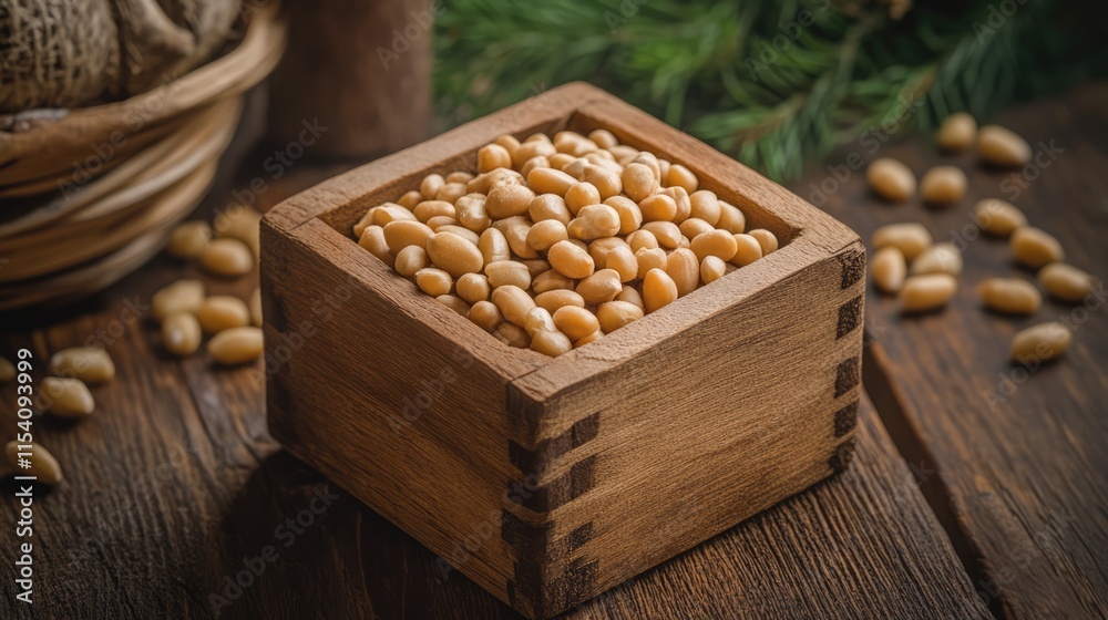 Freshly harvested pine nuts in a rustic wooden box on a wooden table surrounded by natural greenery and warm textures Freshly harvested pine nuts in a rustic wooden box on a wooden table surrounded by natural greenery and warm textures
