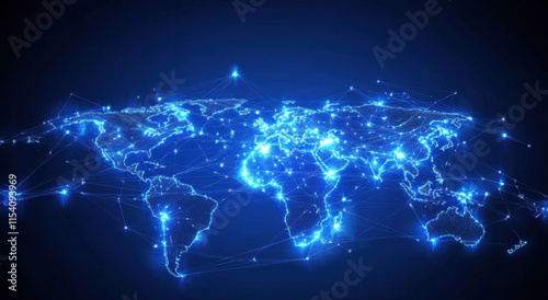 A dynamic visualization depicts a network of blue digital connections spanning across various continents. Bright points represent data hubs, illustrating global communication.