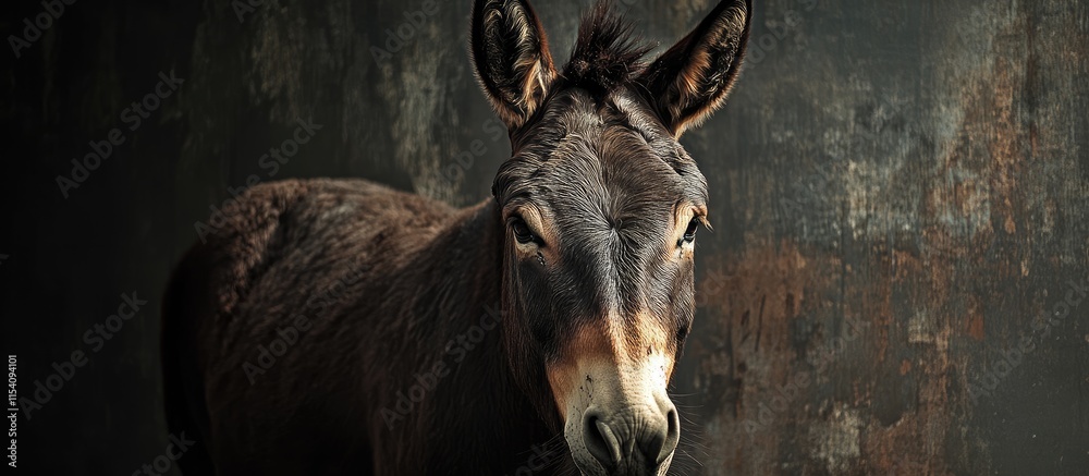Elegant portrait of a donkey against a textured dark background highlighting its features and charm in a rustic setting. Elegant portrait of a donkey against a textured dark background highlighting its features and charm in a rustic setting.