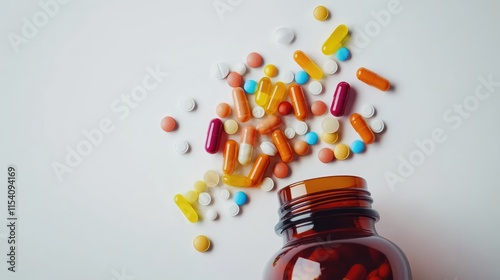 Assorted Pills Tablets and Capsules Spilled from a Brown Bottle on a White Background