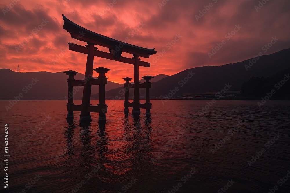 A Japanese torii gate silhouetted against a red and orange sunset over water. A Japanese torii gate silhouetted against a red and orange sunset over water.