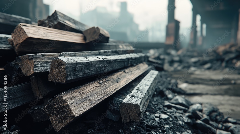Weathered piles of antique timber showcasing textures and decay in an industrial setting conveying age and neglect Weathered piles of antique timber showcasing textures and decay in an industrial setting conveying age and neglect