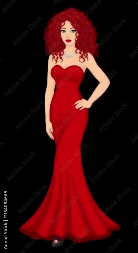 An animated character with red curly hair and a red gown stands against a black background, highlighting the vividness of the attire and design.