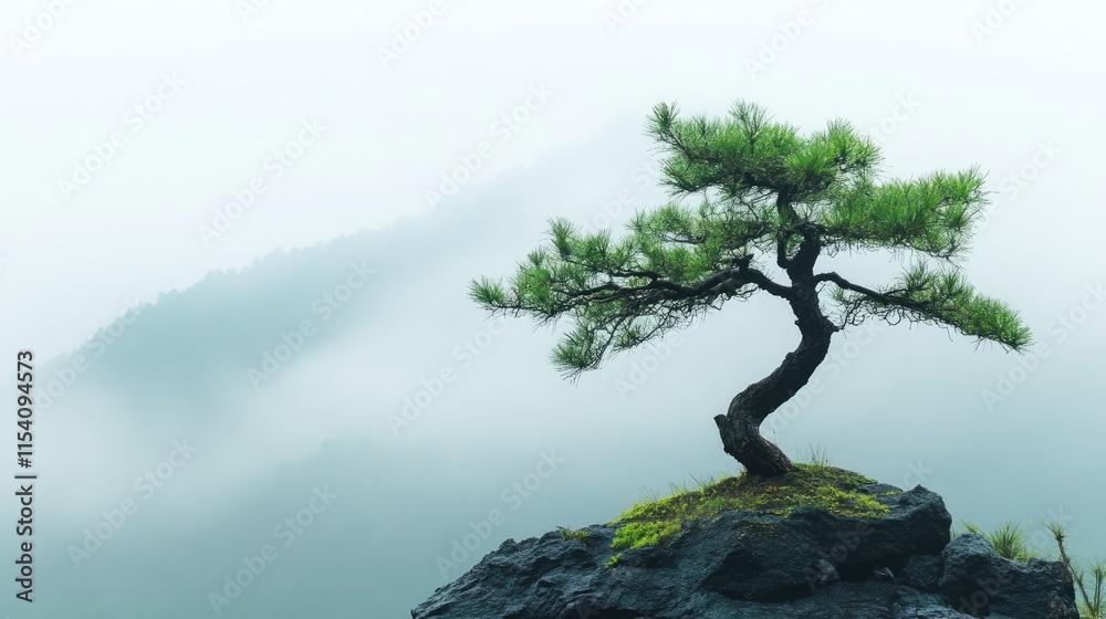 Solitary Pine Tree in Misty Landscape with Fog Rolling Over Rocky Terrain Solitary Pine Tree in Misty Landscape with Fog Rolling Over Rocky Terrain