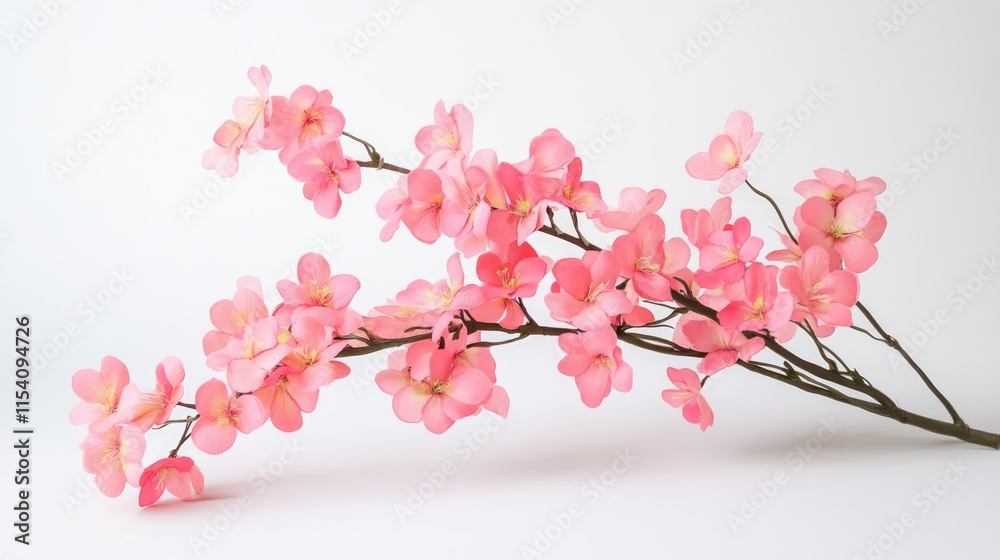 Fototapeta premium Delicate pink artificial flowers branch on a white background ideal for home decor and floral arrangements