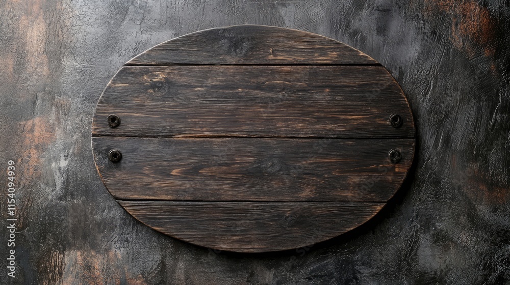 Dark wooden oval signboard on textured background for branding or signage purposes. Ideal for rustic or vintage design concepts. Dark wooden oval signboard on textured background for branding or signage purposes. Ideal for rustic or vintage design concepts.