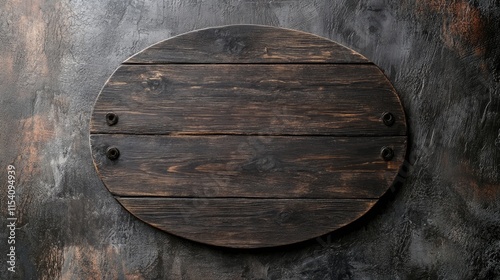 Dark wooden oval signboard on textured background for branding or signage purposes. Ideal for rustic or vintage design concepts. photo