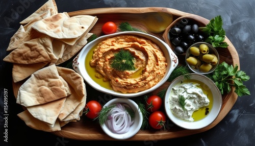 Upscale Taramasalata Meze Set with Fish Roe, Pita, Olives, Herbs, and Fresh Vegetables photo