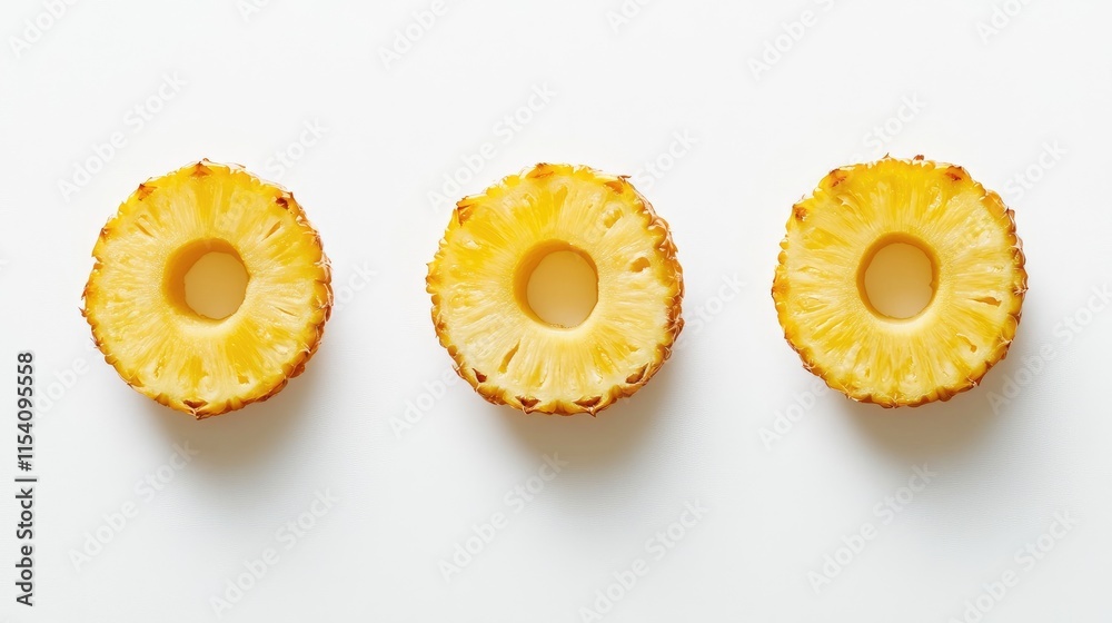 Fresh pineapple rings arranged in a row on a clean white background showcasing their vibrant yellow color and unique texture.