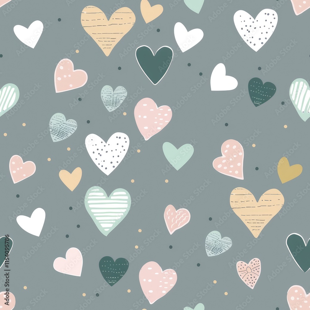 A whimsical pattern featuring various colorful hearts on a soft gray background. A whimsical pattern featuring various colorful hearts on a soft gray background.