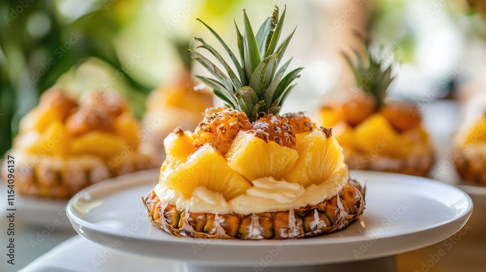 Delicious pineapple dessert served as an afternoon snack garnished with fresh pineapple and tropical fruits on a white plate Delicious pineapple dessert served as an afternoon snack garnished with fresh pineapple and tropical fruits on a white plate