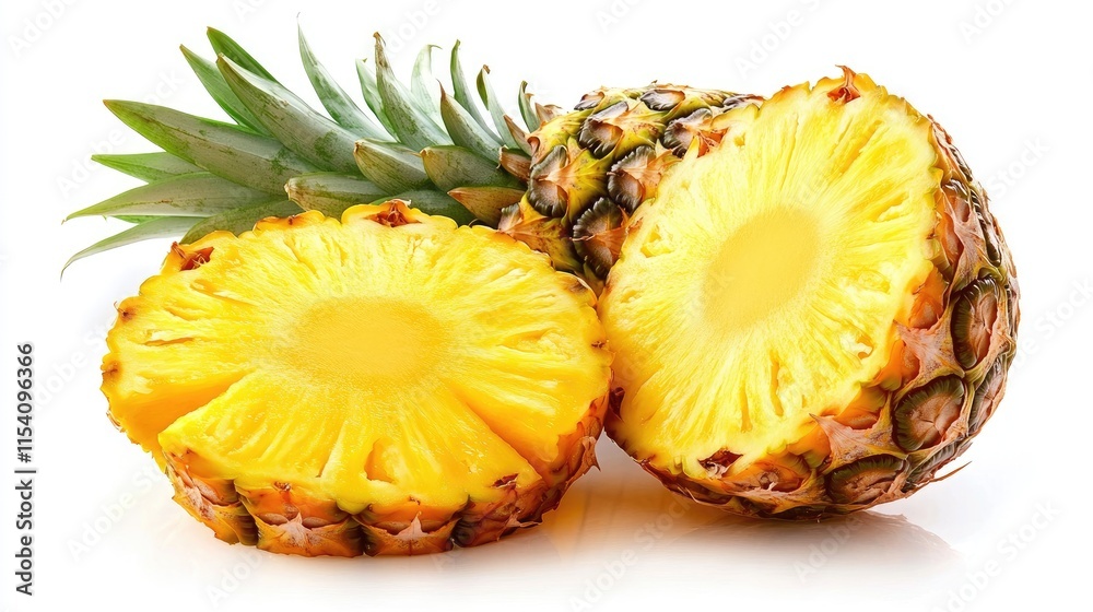 Fresh pineapple fruit cut in half showcasing vibrant yellow flesh on a clean white background perfect for tropical or healthy food themes Fresh pineapple fruit cut in half showcasing vibrant yellow flesh on a clean white background perfect for tropical or healthy food themes