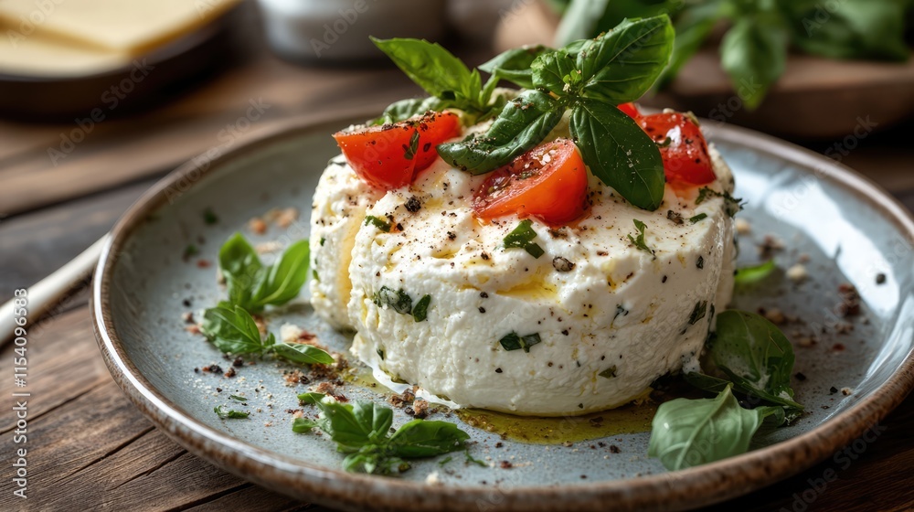 Delicious Oven Baked Ricotta Cheese Garnished with Fresh Basil and Cherry Tomatoes on a Rustic Plate Delicious Oven Baked Ricotta Cheese Garnished with Fresh Basil and Cherry Tomatoes on a Rustic Plate