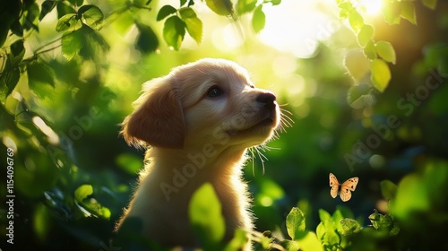 Golden puppy in sunlight surrounded by green leaves and butterflies, a perfect moment of joy and innocence in nature.