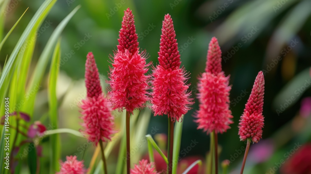 Vibrant red ornamental flowers showcasing diverse shapes and sizes thriving in garden pots against a lush green backdrop Vibrant red ornamental flowers showcasing diverse shapes and sizes thriving in garden pots against a lush green backdrop