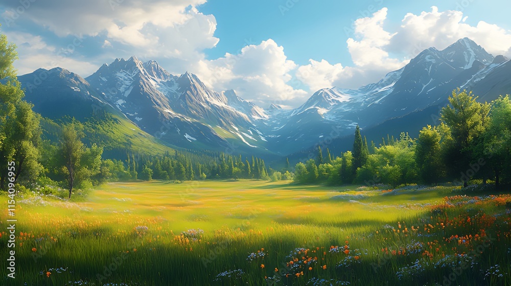 Obraz premium Sunlit meadow with wildflowers nestled in a valley between snow-capped mountains.