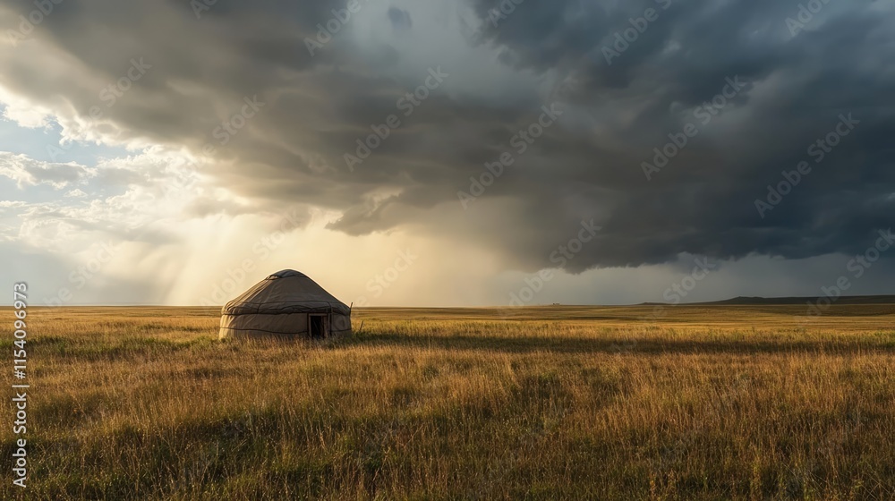 Overcast steppe landscape with a solitary yurt under a dramatic thunderstorm sky and rain falling in the distance Overcast steppe landscape with a solitary yurt under a dramatic thunderstorm sky and rain falling in the distance