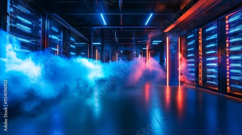 Futuristic data center with blue and red lighting, showcasing digital innovation and technology in a cloud of fog.