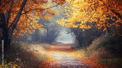 Autumn landscape with vibrant orange leaves lining a serene forest path during a foggy day showcasing nature's beauty and tranquility