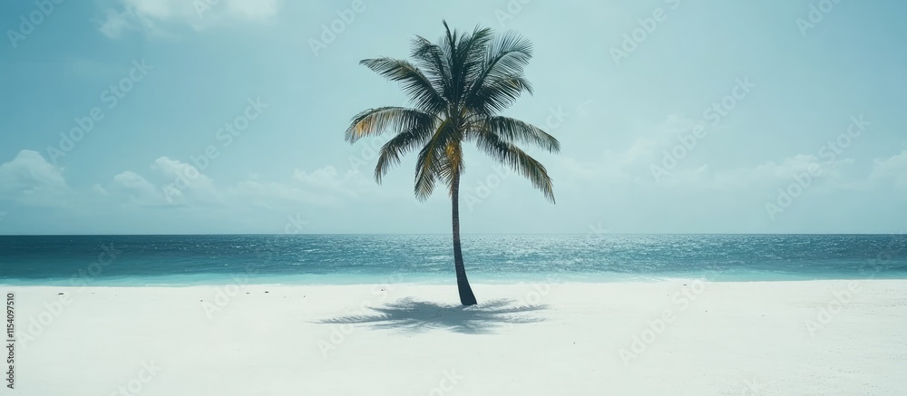 Lone palm tree on a pristine white sandy beach with turquoise ocean and clear sky creating a serene tropical paradise atmosphere Lone palm tree on a pristine white sandy beach with turquoise ocean and clear sky creating a serene tropical paradise atmosphere