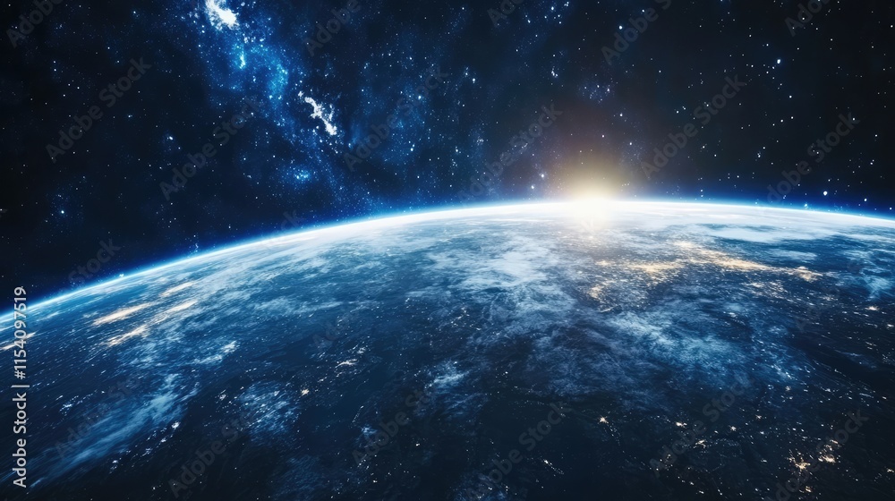 Naklejka premium Planet Earth in outer space during sunrise showcasing cosmic beauty and stellar elements in a breathtaking sci-fi atmosphere