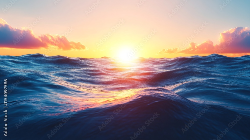 Obraz premium Serene Sunset Over Tranquil Ocean Waves with Gentle Reflections and Colorful Sky Enhancing Peaceful Seascape at Dusk in Vibrant Hues of Nature