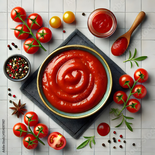 Decorative food composition with red sauce, spices, and fresh herbs on a wooden surface showcasing traditional cooking ingredients. photo