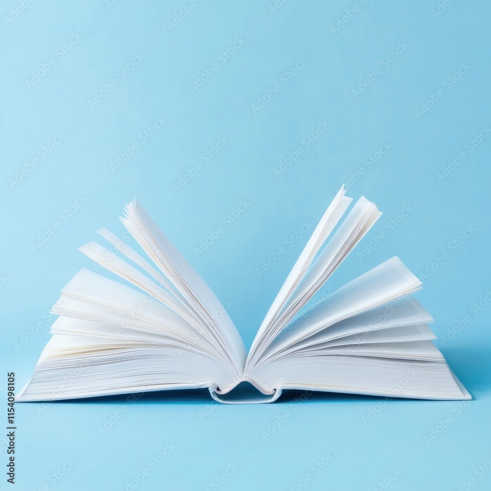 Fototapeta premium Open book with blank pages on blue background.