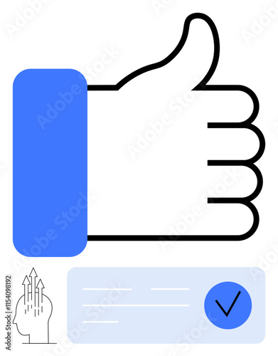 Thumbs up hand gesture with a blue cuff, checkmark icon inside a blue button, and line drawing of human head with arrows. Ideal for approval, success, agreement, positive feedback, motivation, mental