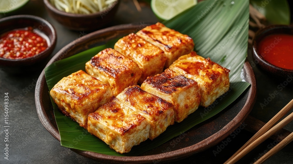 Otak otak traditional street food presentation on a plate with sauces ready to enjoy at a vibrant dining table setting Otak otak traditional street food presentation on a plate with sauces ready to enjoy at a vibrant dining table setting