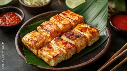 Otak otak traditional street food presentation on a plate with sauces ready to enjoy at a vibrant dining table setting photo