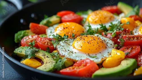 Breakfast skillet eggs avocado and tomatoes a proteinrich and colorful option for a hearty and nutrientpacked meal photo